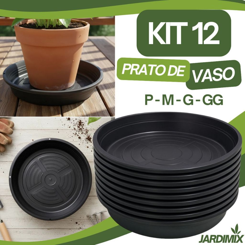 Kit 12 Prato De Vaso De Planta Coletor de Àgua Plástico Preto Com Furos Para Vaso Planta Suspenso - Pequeno Médio Grande