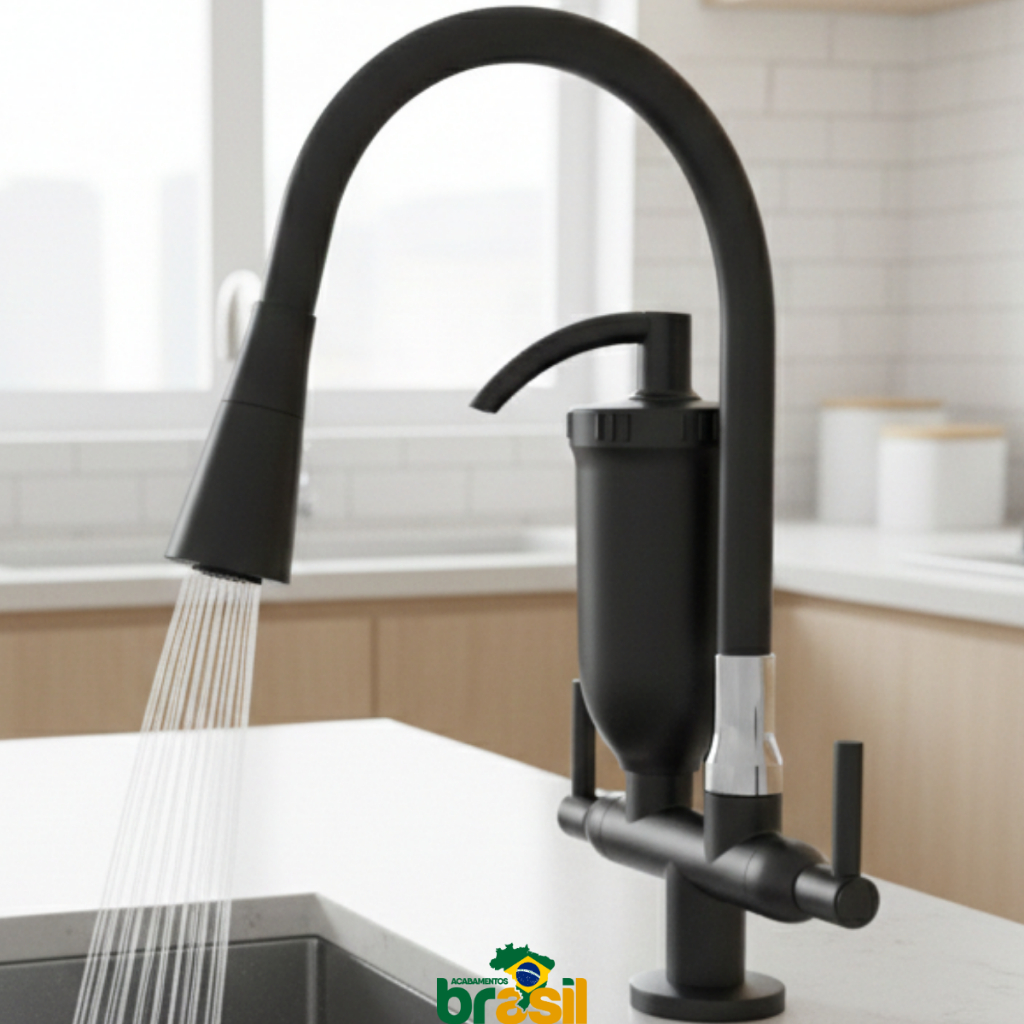 Torneira Filtro para Cozinha Preta Bica Flexível 2 Jatos Carvão Ativado 1/4 de Volta pia bancada em Oferta na Shopee