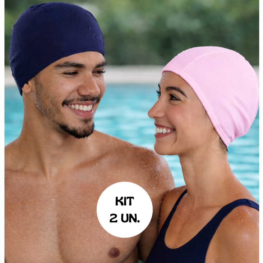 touca de natação hidroginástica kit 2 unidades unisex tam. universal tecido suplex design 3D cobre orelha seca rápido