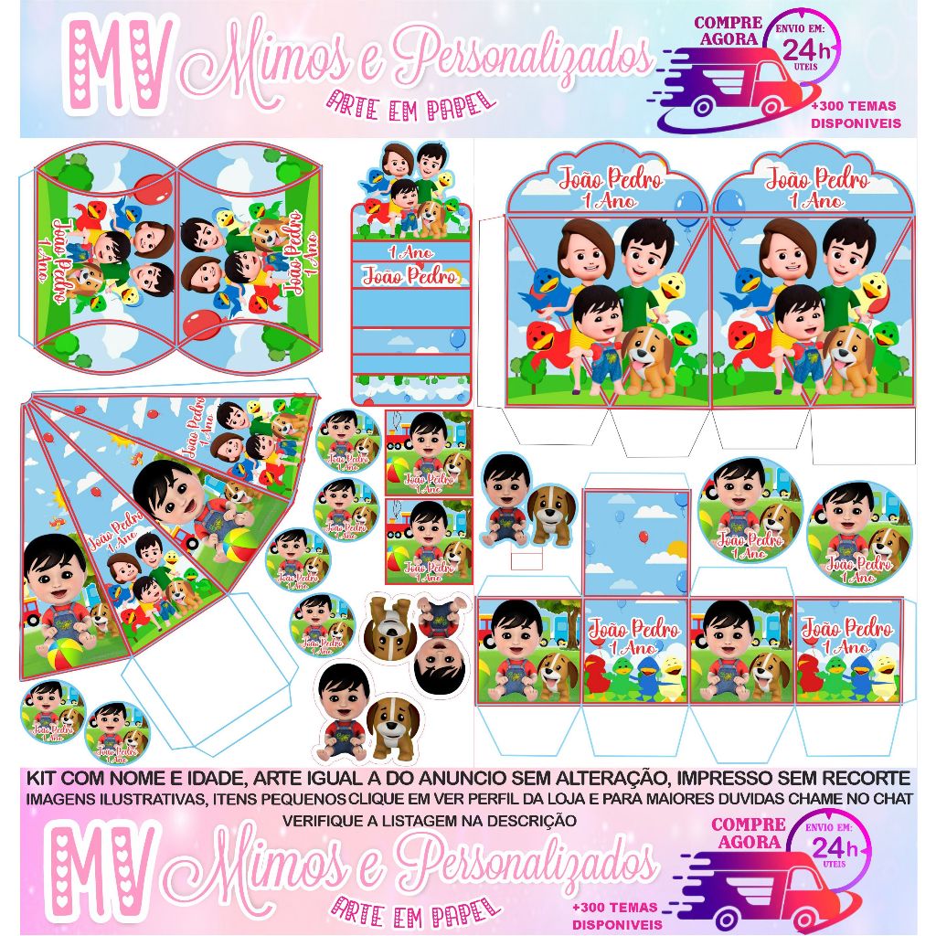 KIT LEMBRANCINHAS BENTO E TOTO 180 ITENS COM NOME FESTA PEGUE E MONTE BENTO E TOTO