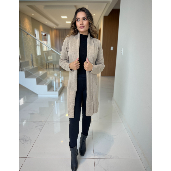 Casaco Sobretudo Cadigan Feminino Longo Tricot Com Bolso Elegante Confortável Atemporal — imagem 2 de 2