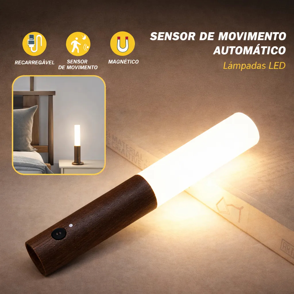 Luminária LED Recarregável com Sensor de Movimento - Luz Noturna em Madeira