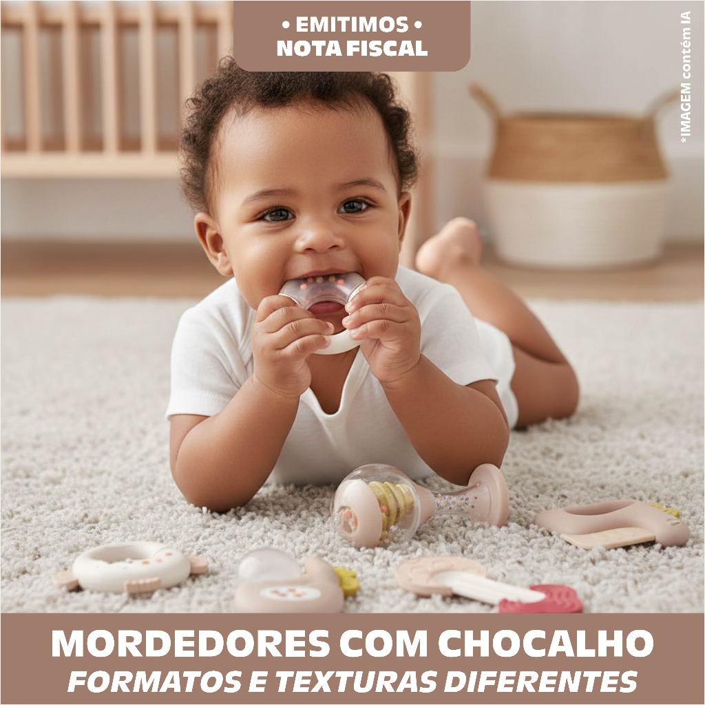 Kit Massageador Chocalho Macio Bebê Alivio Desconforto Dentição Infantil Mordedores Sensorial Suave
