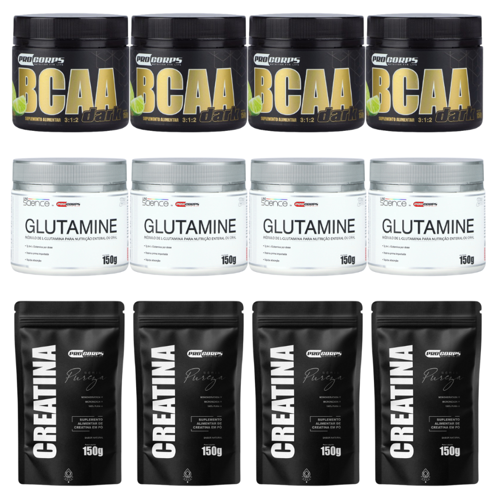 Combo Academia: 4 BCAA 150g + 4 Creatina 150g + 4 Glutamina 150g