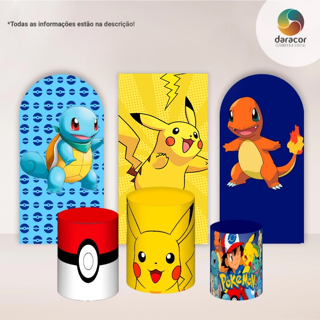 Capa de Painel POKEMON 3 Painel Romanos 1x2m c/ elástico ou Retangular c/ overlock  + Cilindros Face única