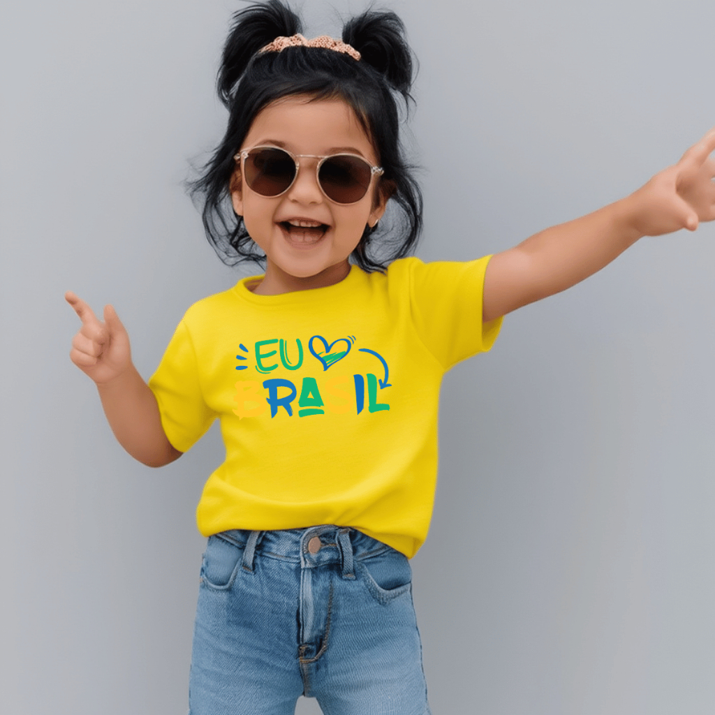 Camiseta Infantil Estampada Criança 100% Básica Manga Curta Unissex Masculina e Feminino Básica Brasil Coração