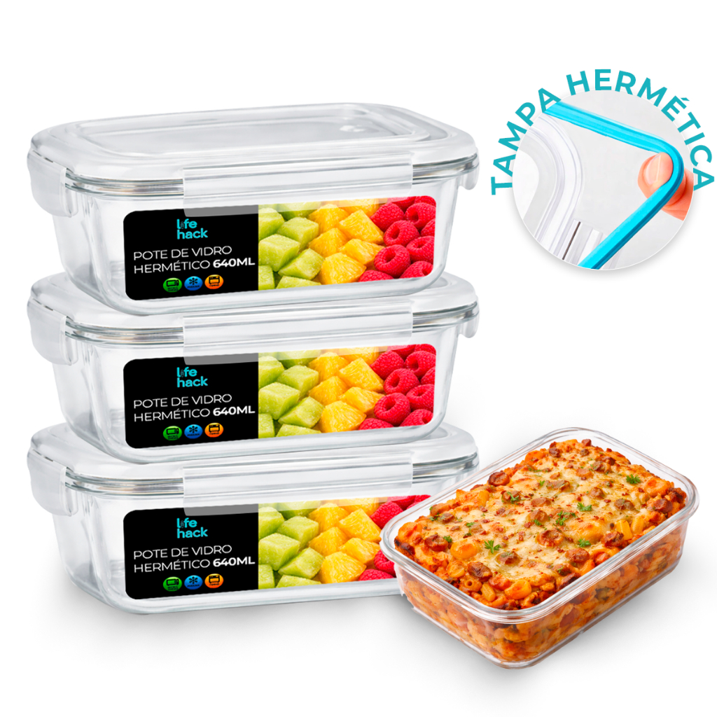 Conjunto Potes Vidro Hermético Mantimentos Marmita 640ml