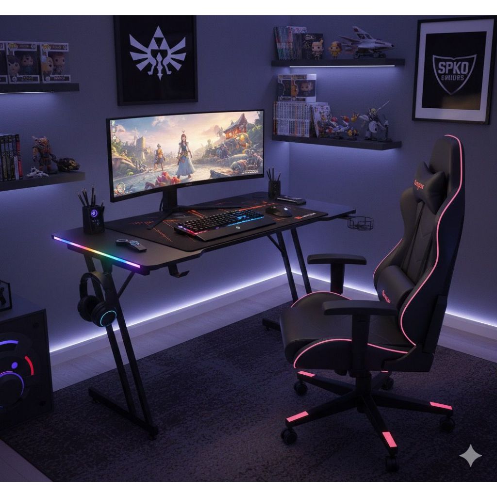 Mesa Gamer Profissional Efeito Carbono 120x60 COM LED RGB e SEM LED e MousePad