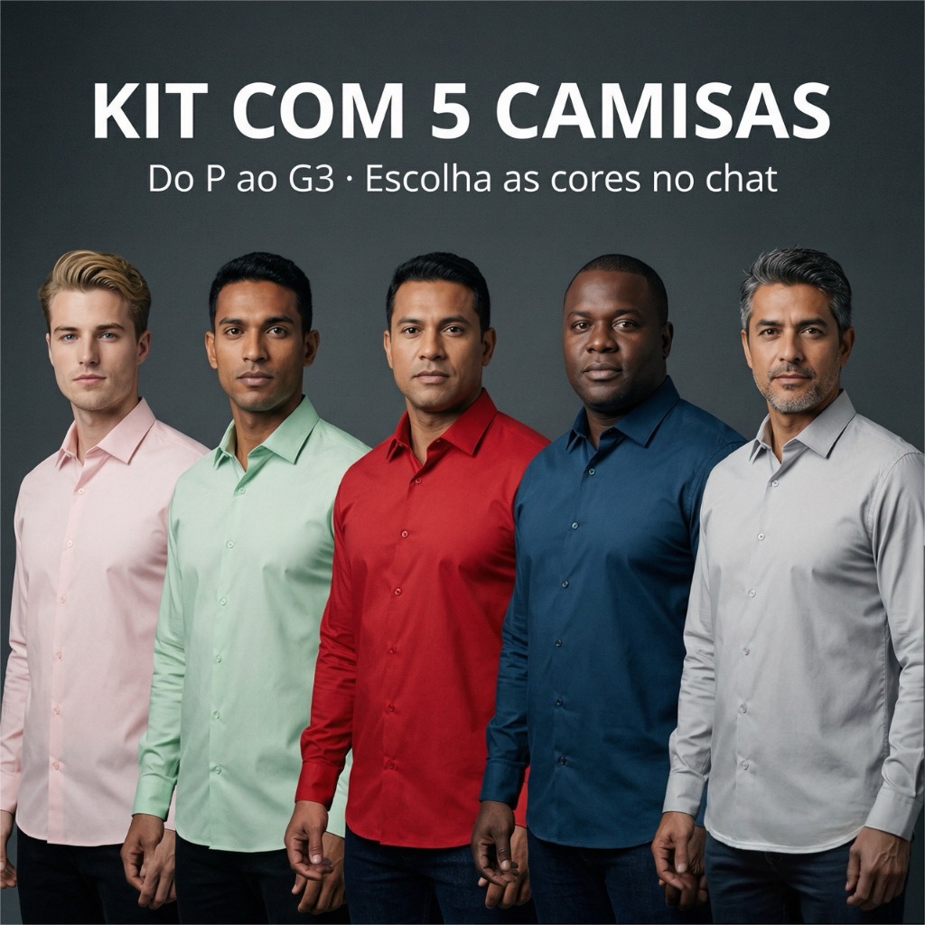 Kit 5 Camisa Social Manga Longa Masculina Slim Lisa Plus Size