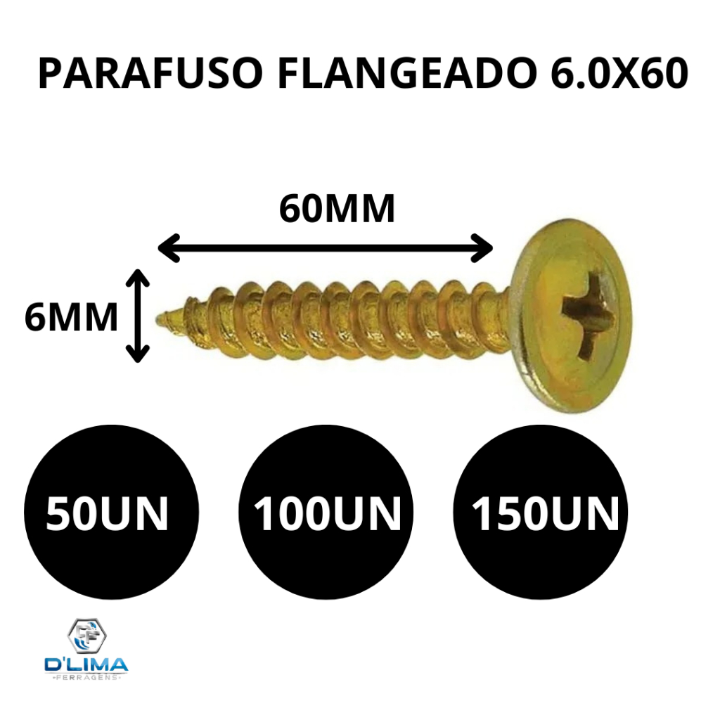 Parafuso Chipboard Cabeça Flangeado 6.0X60mm Fixação Moveis, MDF, Aglomerado, Madeira, Chapa, Metal