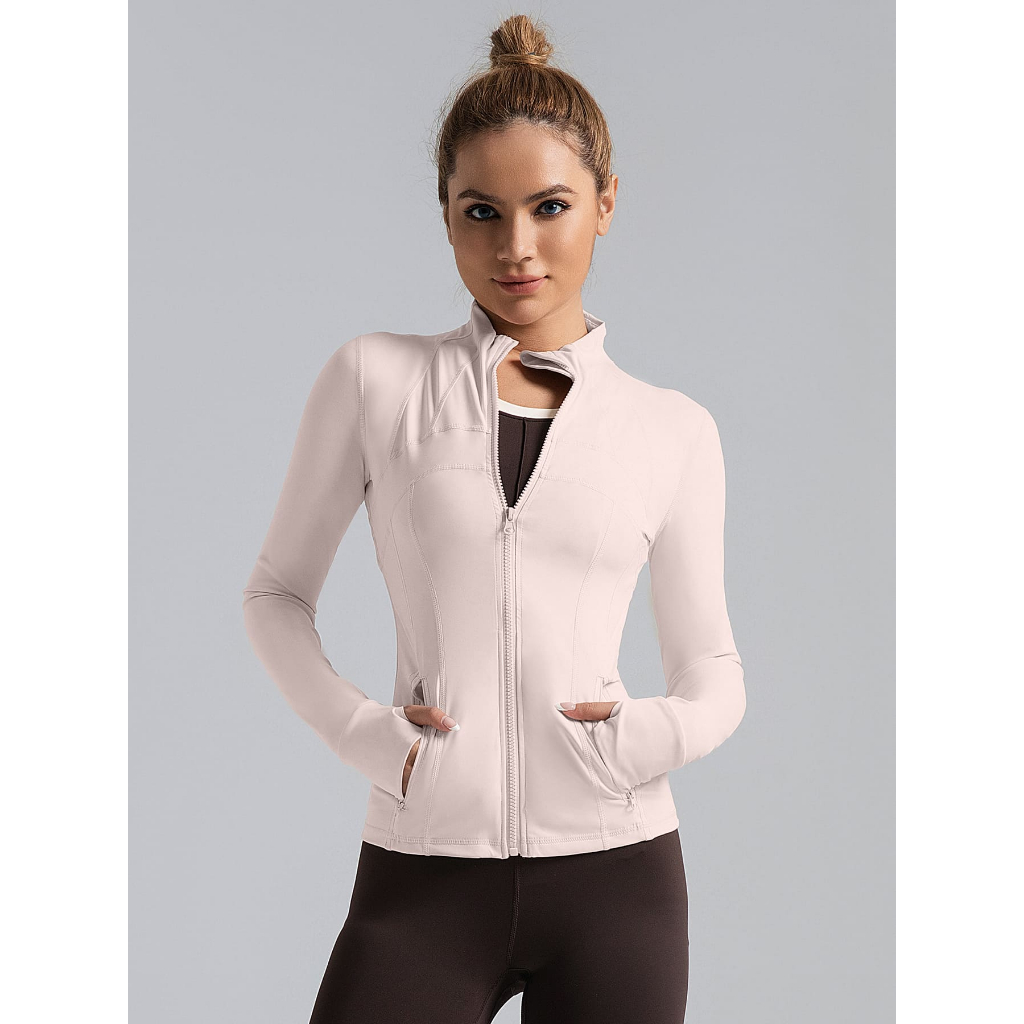 Jaqueta Fitness Feminina Manga Longa com Zíper, Bolso e Abertura para Polegar | Academia em Oferta na Shopee