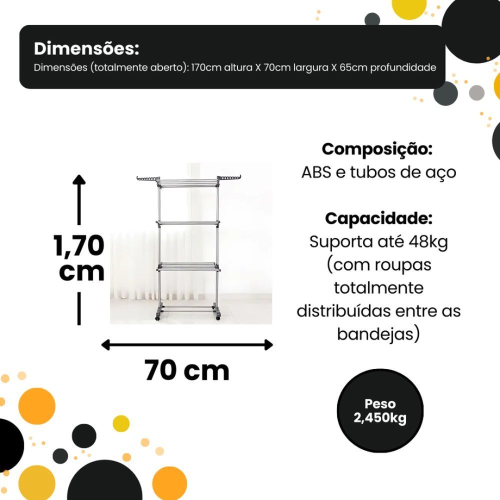 ✨Multi Varal de Chão 3 Andares Dobrável Rodinhas 360° Suporta 48kg Vertical Grande com Cabideiro
