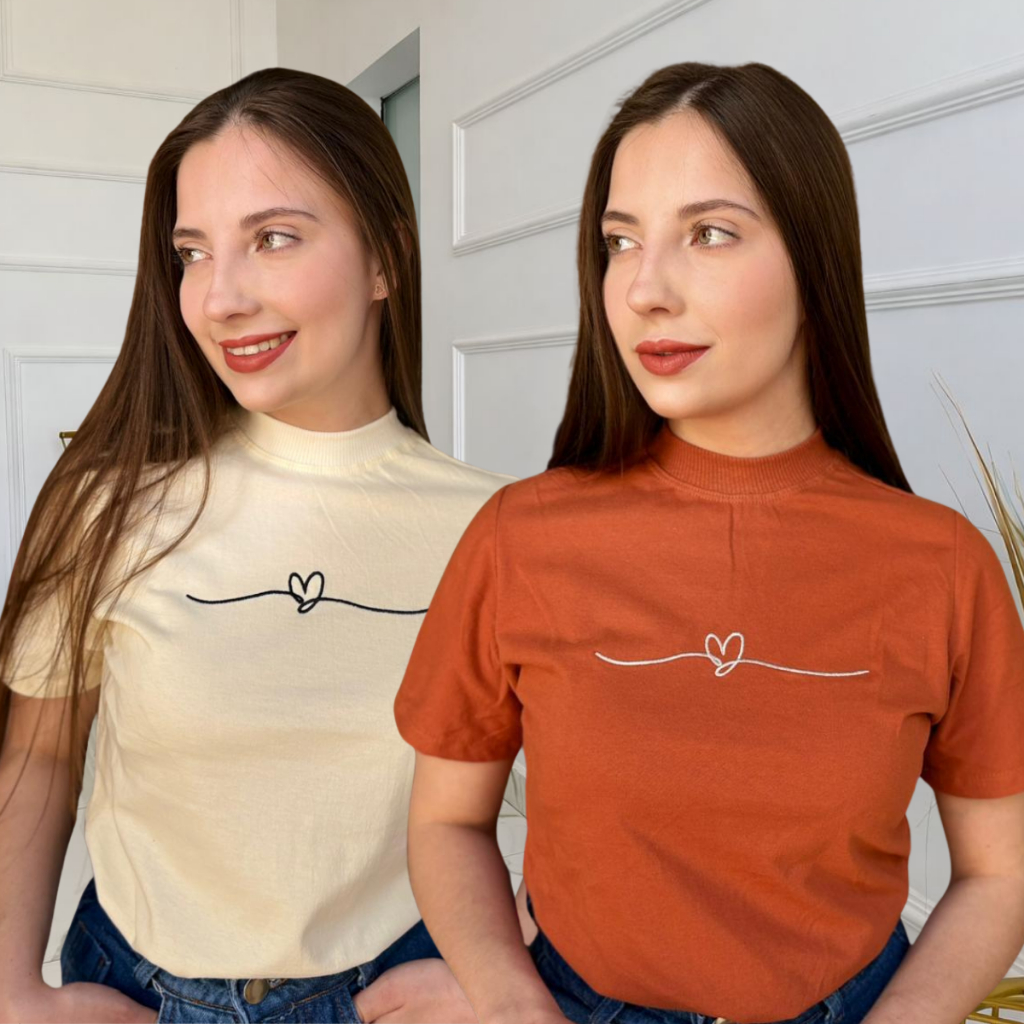 BLUSA FEMININA BÁSICA GOLA ALTA T-SHIRT FEMININA BORDADA 100% ALGODÃO em Oferta na Shopee
