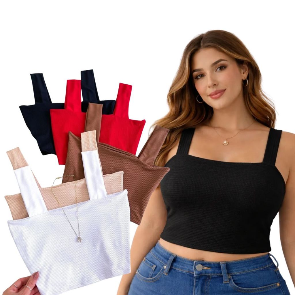 Kit 2 Blusa  Top cropped Blusinha Feminina Plus Size alça grossa Reforçado Super Sustentação Regata Academia P020 em Oferta na Shopee
