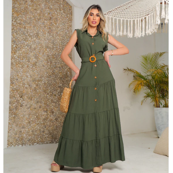VESTIDO LONGO FEMININO LUXO Sensorial Verão -Tendencia Elegante com botões (P-M-G-GG)