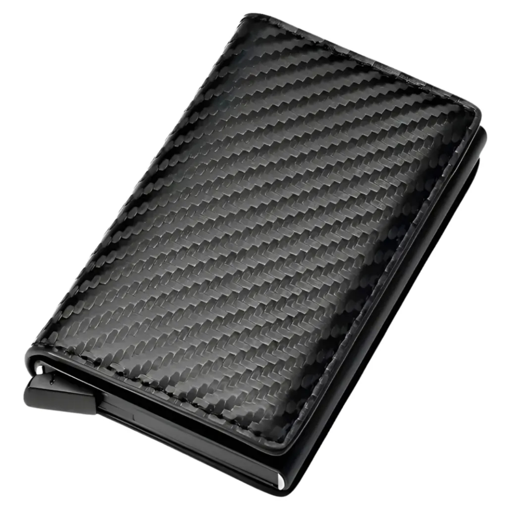 Carteira Porta Cartaõ Rfid Antifurto Fibra de Carbono com botão ejetor de Cartões em Oferta na Shopee