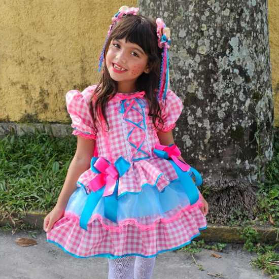 Vestido Caipira Rosa Luxo Rodado Festa da Roça Junina Arraiá infantil