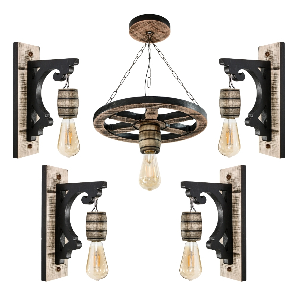 Kit 5 Luminárias Pendente Roda de Carroça e Luminárias Arandela Retrô Para Decoração - Rústico