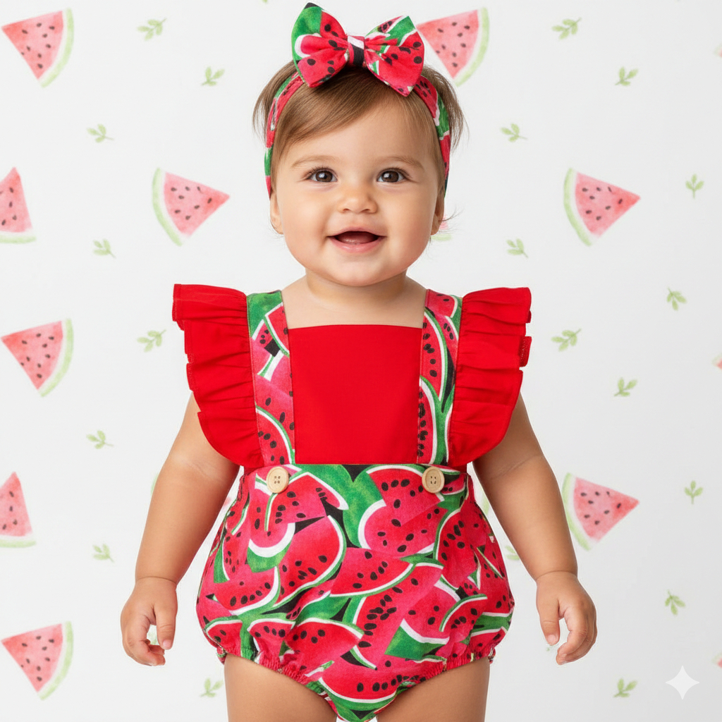 Jardineira Romper Body Infantil Menina Moda Bebê Estampa Melancia Look Verão Mesversário Foto Festa