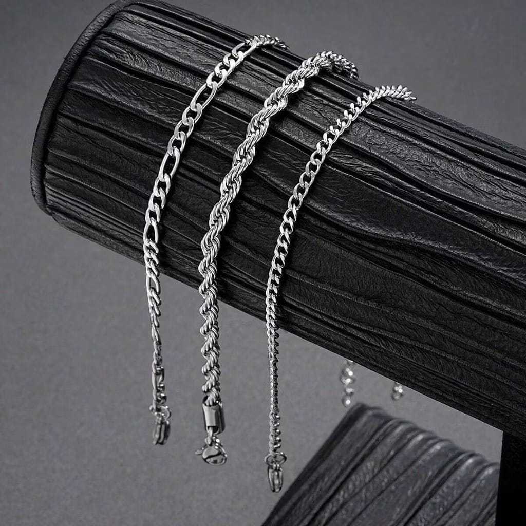 Kit 3 Pulseira Masculina Aço Inox Prata Cordão Baiano Grumet Antialérgica Não Escurece