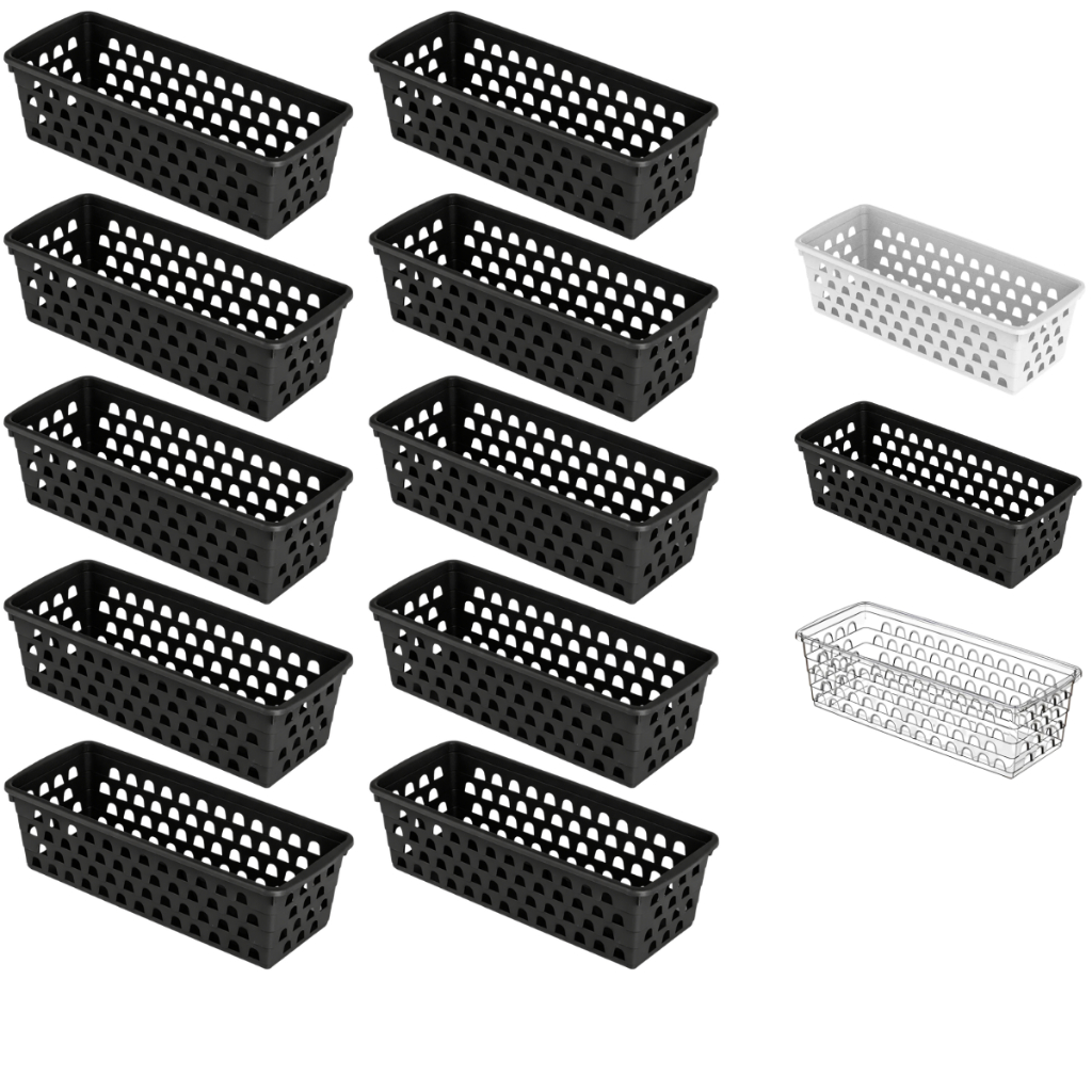 Kit até 10 Cesto Organizador 28x11x8cm Retangular Comprido Multiuso Transparente Branco Preto em Oferta na Shopee