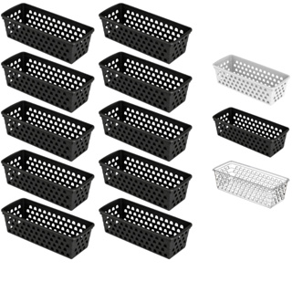 Kit até 10 Cesto Organizador 28x11x8cm Retangular Comprido Multiuso Transparente Branco Preto em Oferta na Shopee