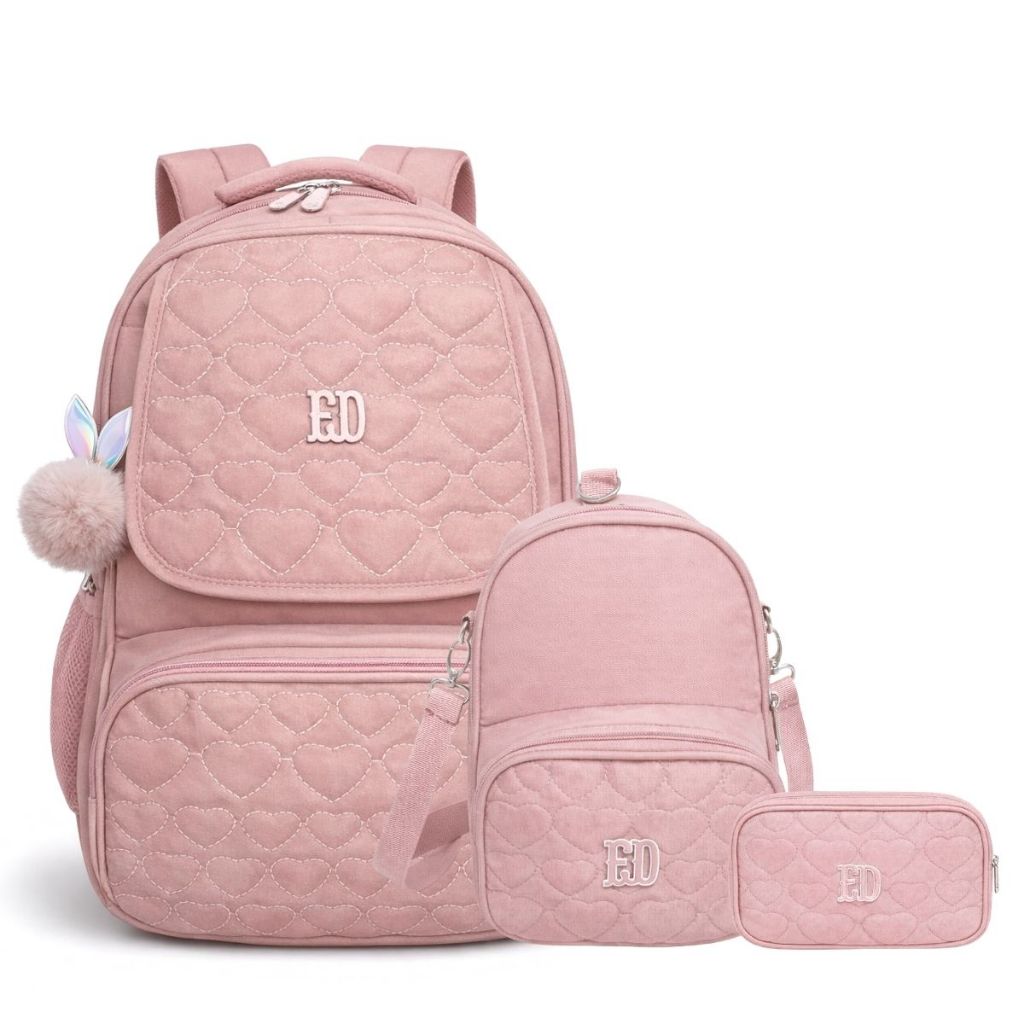 Kit Mochila Escolar Reforçada Feminina 3 Pçs Lancheira Estojo