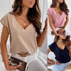 Lovito Camiseta Elegante Lisa Com Decote Em V Para Mulheres LNL45109 (Multicolorido)