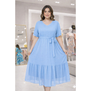 Vestido PlusSize Midi Tule canelado Manga Punho em Oferta na Shopee