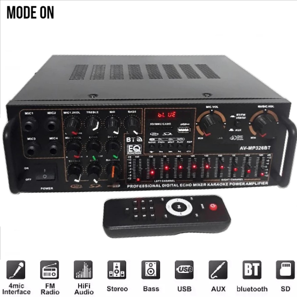 Super Amplificador 1200w Potente 220V Bluetooth controle remoto USB SD FM karaoke pega 4 microfones