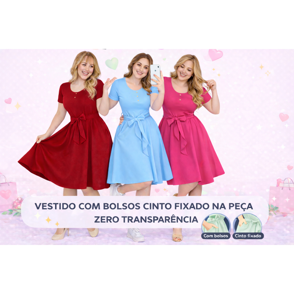 Vestido Moda Evangelica Midi Fardamentos evangélicos azul ou Rosa Rodado Evasê Plus Size