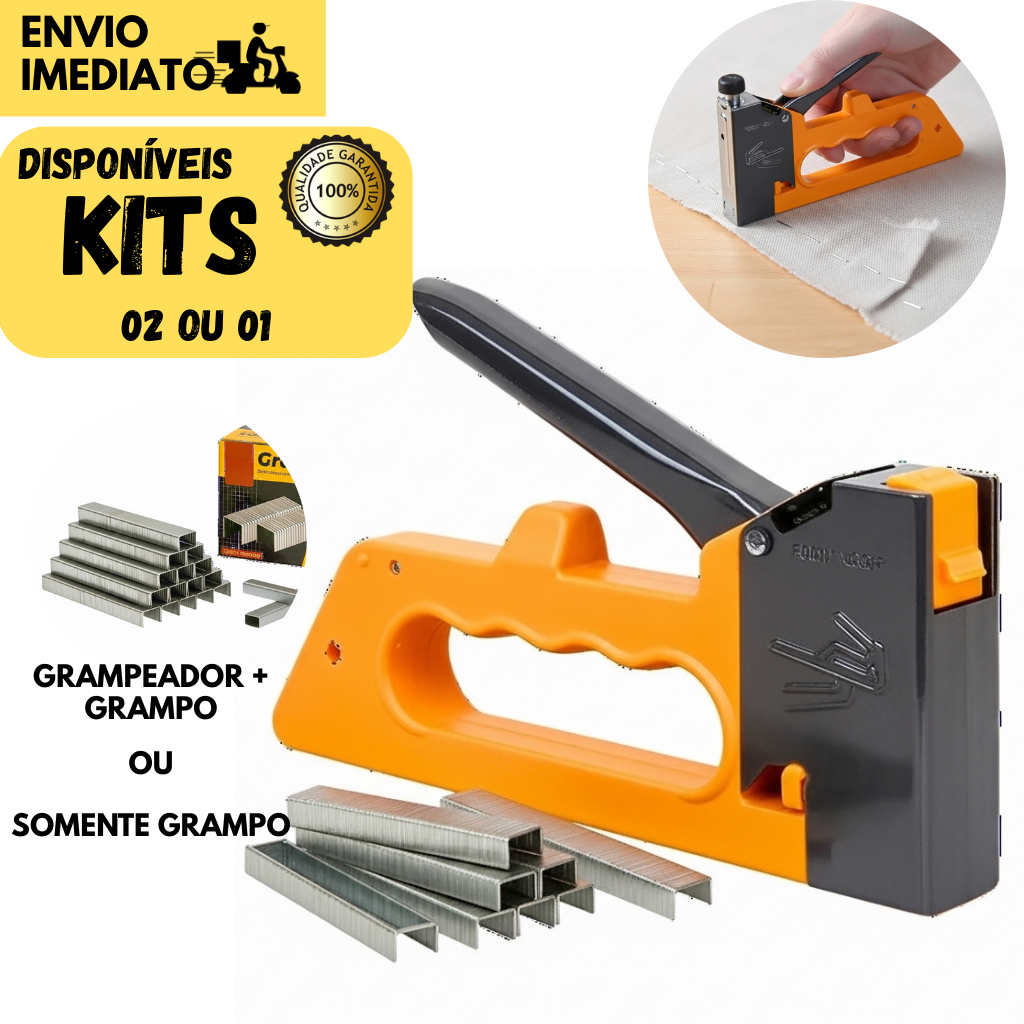 Kits 2 ou 1 Grampeador Profissional Tapeceiro 1000 Grampos Estofado Madeira Couro ou Somente Grampo