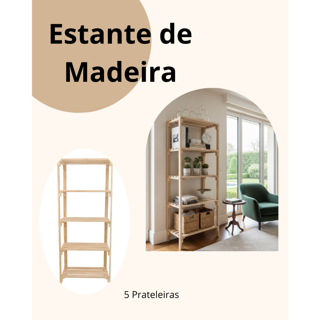 Estante Prateleiras 5 andares de Madeira Pinus Natural 120x70x30cm decorativa em Oferta na Shopee