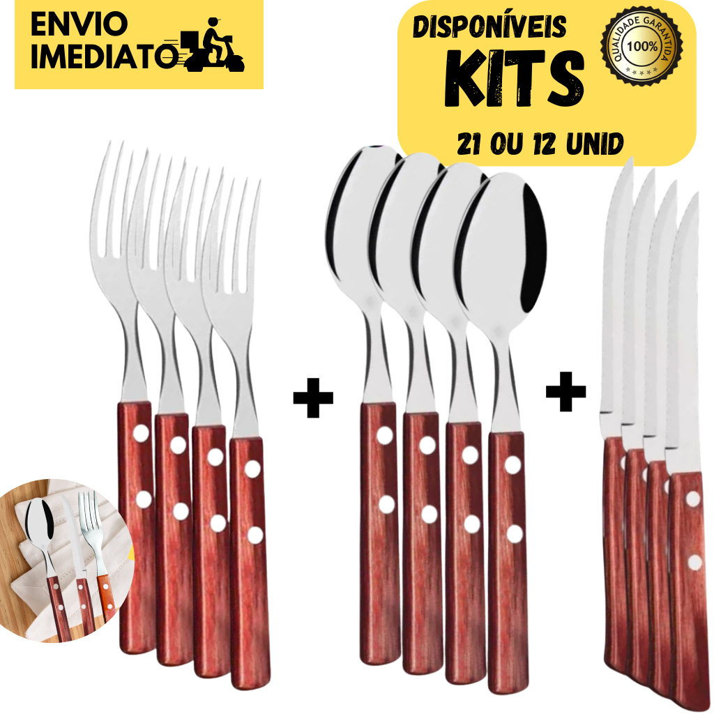 Kits 21 ou 12 Peças de Talheres p/ Cozinha Inox Cabo de Madeira Garfos Facas Colheres p/ Bares Hotel