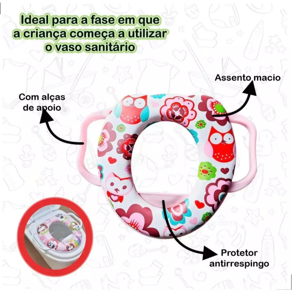 Assento Sanitário Redutor Vaso Infantil Com Alça de Segurança Almofadado Confortável Estampas Diversas