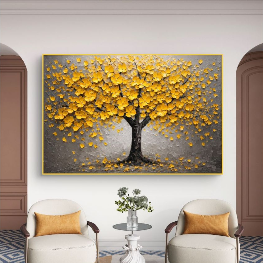 Quadro Decorativo Árvore Amarela Flores Em Relevo MDF 110x70 Arte Moderna Sala Quarto em Oferta na Shopee