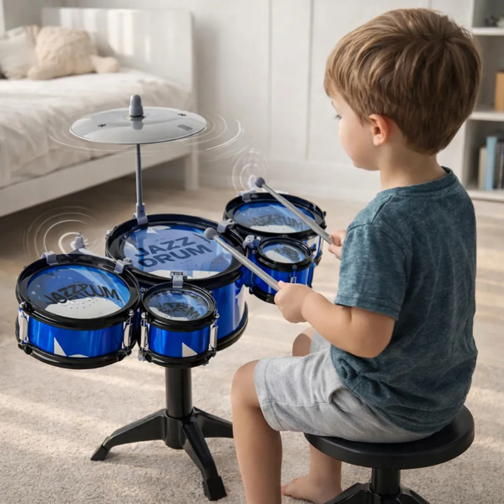 BATERIA INFANTIL COMPLETA 5 TAMBORES + PRATO  Transforme seu pequeno em um verdadeiro baterista em Oferta na Shopee