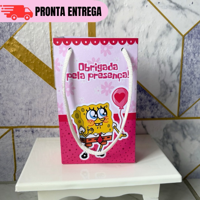 Sacolinha Surpresa Personalizada Bob Esponja Rosa PEGUE E MONTE Lembrancinhas Festa Infantil Aniversário