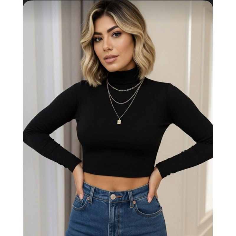 Blusa Cropped Feminina Canelada Gola Alta Manga Longa Versátil Casual Inverno Blogueira
