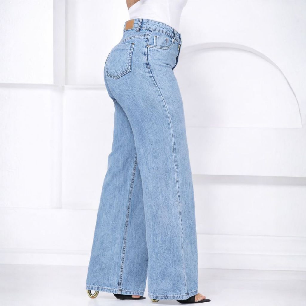 Calça Jeans Feminina Wide Leg Clara Pantalona Cintura Alta Tecido Grosso Linha Premium 100% Algodão