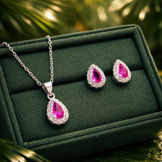 Conjunto Brincos e Gargantilha Rosa Cravejado Gota em Prata 925 em Oferta na Shopee