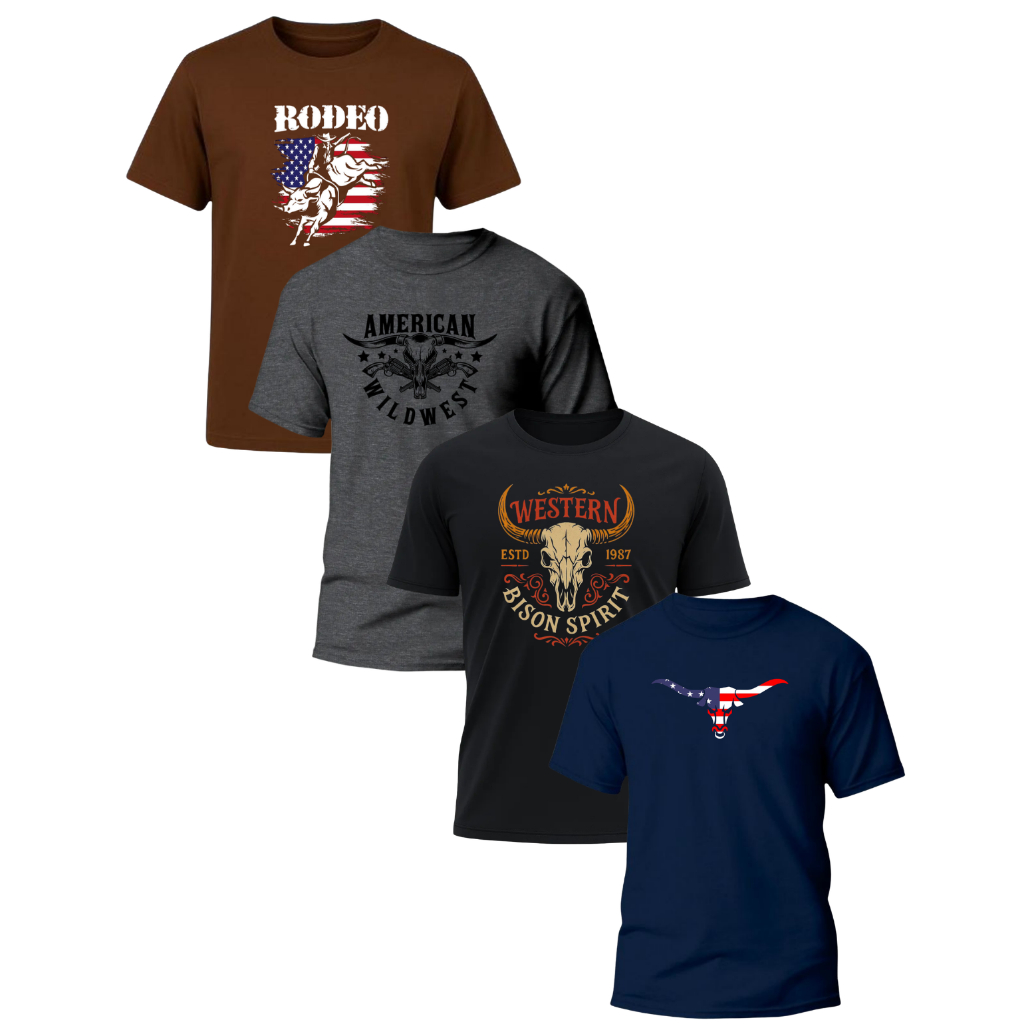 Kit 4 Camisetas Masculinas Country Farm Rodeio Agro Cowboy Rodeio Texas Estampada Algodão