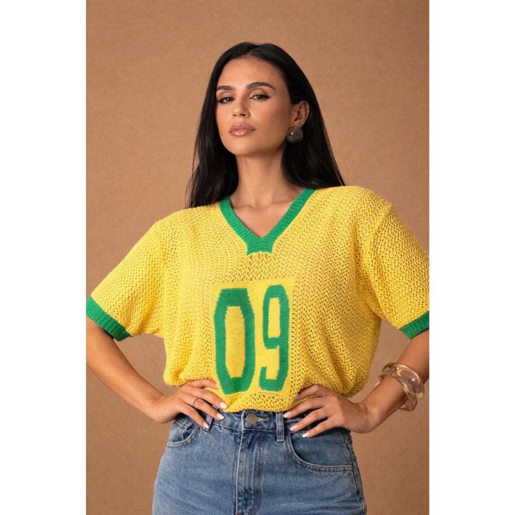 Blusa Tricô Brasil Vazada Unissex Copa Do Mundo Moda Verão Torcida Look