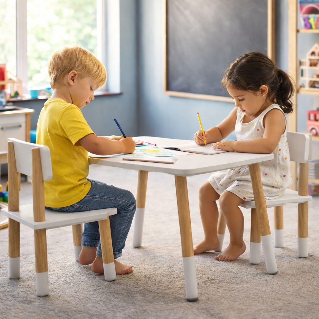 Kit Mesa e 2 Cadeiras Infantil MDF Pinus Estudo Escolar Brinquedoteca Clinica Medica Mesinha Crianca