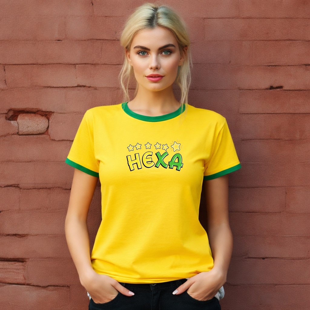 Camiseta Feminina Babylook Estampada Brasil Copa do Mundo Hexa Estrelas Moderna Confortavel 100% Algodão