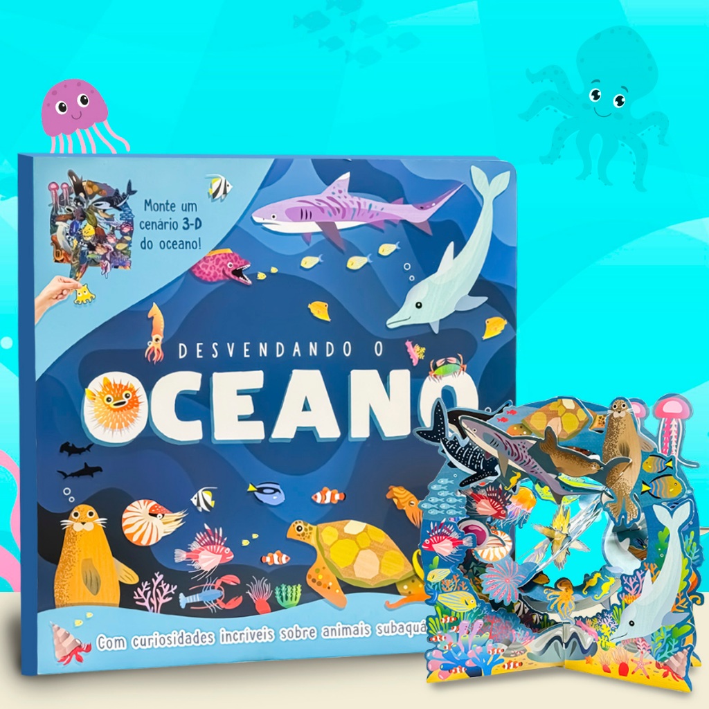 Livro Oceano 3D | Animais Marinhos + Cenário Decorativo Gigante | Capa Dura Livr