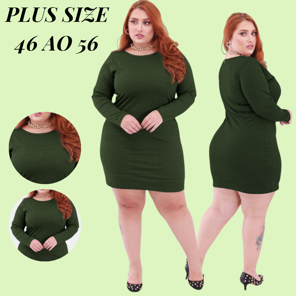 Vestido Plus Size Canelado Curto Básico Manga Longa G1 G2 G3 em Oferta na Shopee