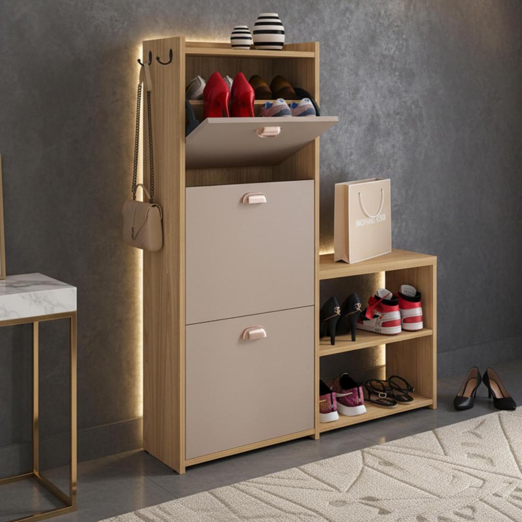 Sapateira com banco Hall Entrada 2 Gaveta  Puxador Concha Prateleira Porta Sapatos Quarto