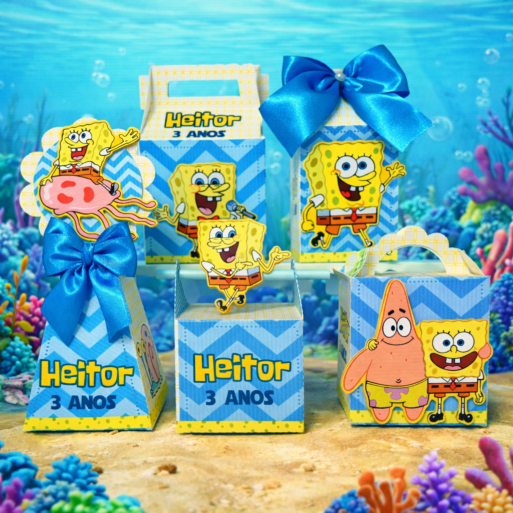 Kit Caixinhas Personalizadas Bob Esponja | Pegue e Monte | Lembrancinha Aniversário e Festa Infantil