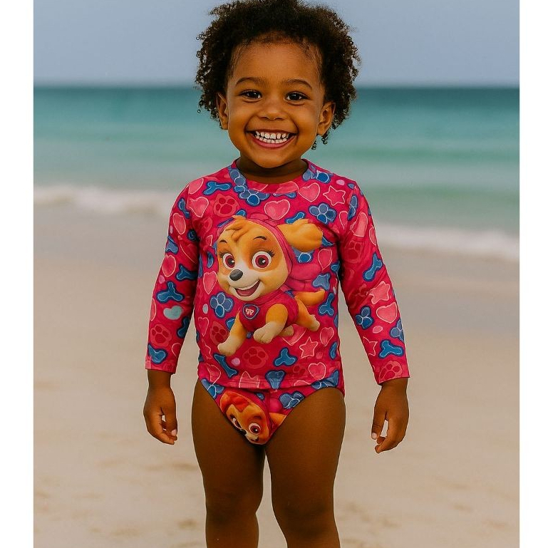 PRAIA CONJUNTO COM PROTEÇÃO UV 50+, CONJUNTO CONTÉM BIQUINI E CAMISA, TEMAS LABUBU SKYE PATRULHA CANINA, MINNIE, ANGEL